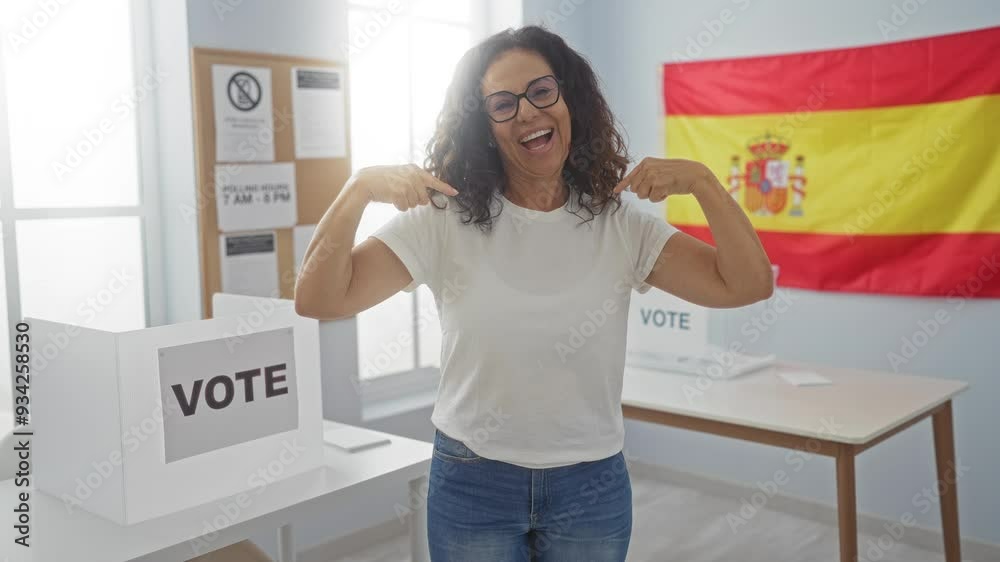 Wall mural Vote, middle age hispanic woman confidently pointing to herself by ballot as she stands proudly at the spanish electoral college, looking happy and determined