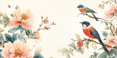 Vintage watercolor floral design featuring blossoms and exotic birds