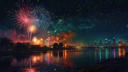 Night scene with fireworks in the sky, reflections of fireworks on the wet ground, festive atmosphere of a night city with fireworks