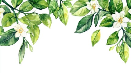 Watercolor decorative frame featuring verdant bergamot branches adorned with white flowers and green leaves Hand painted for wedding invitations save the date announcements or card designs Flouris