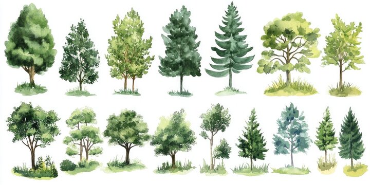 Vector collection of green trees and plants viewed from the side for landscape elevations elements for backdrop eco friendly environment concept watercolor greenery illustration