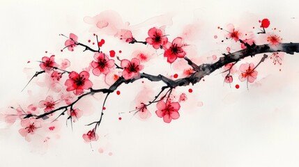 Fototapeta premium Watercolor and ink illustration featuring a blossoming cherry tree branch Traditional oriental painting in sumi e and u sin styles Artistic depiction