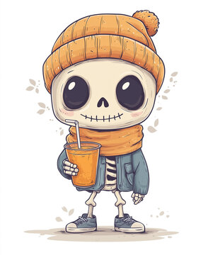 recommend clip art: Cute chibi skeleton character, wearing an orange beanie and scarf, holding a pumpkin juice in hand 