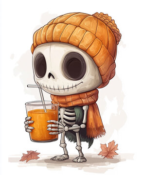 recommend clip art: Cute chibi skeleton character, wearing an orange beanie and scarf, holding a pumpkin juice in hand 