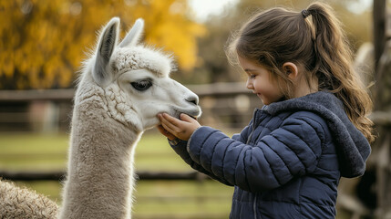 Naklejka premium Girl Feeding Llama on a Farm in Autumn