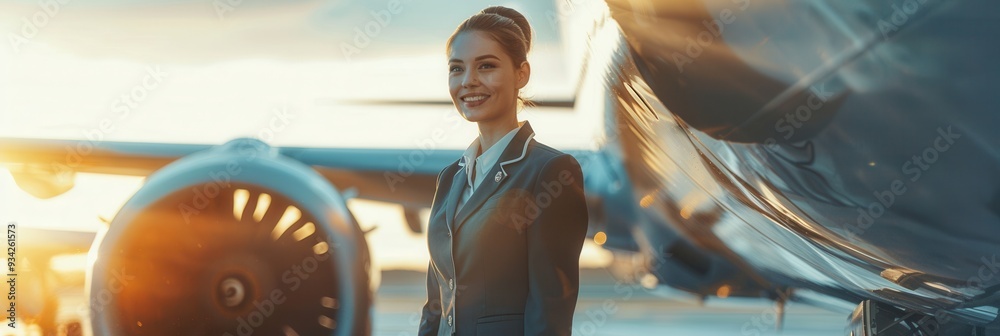 Poster a flight attendant greets passengers with a smile as the sun sets behind the airplane at the airport