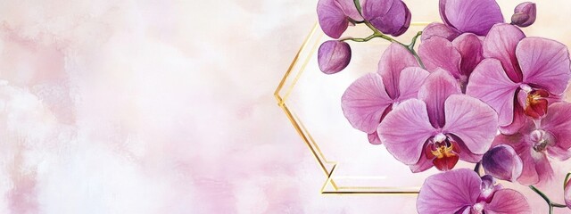 Purple orchid blossom with elegant monogram calligraphy Watercolor backdrop featuring a golden polygonal frame Geometric rhombus shape design