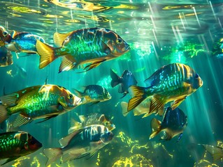 Vibrant Codfish School Glimmering in Sunlit Turquoise Ocean