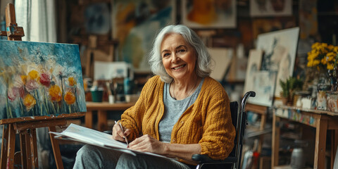 disabled artist senior female drawing sitting on wheel at home. small business, entrepreneurship and home hobby after retirement. Disabled Elderly female in wheelchair at art, Generative AI