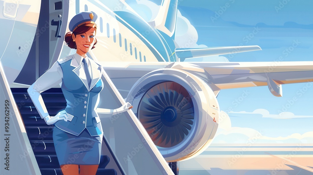 Poster a cheerful flight attendant stands confidently beside an airplane, ready to assist passengers during
