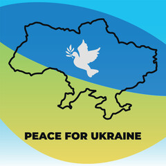 A white silhouette of a peace dove on the background of the Ukrainian flag and the outline of a map of Ukraine with the text “Peace to Ukraine”