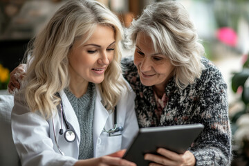 Senior citizen and caregiver with tablet computer, Generative AI