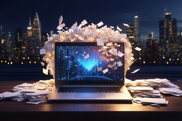 Laptop on Desk Against Night Cityscape: Envelopes Fly Out from the Screen