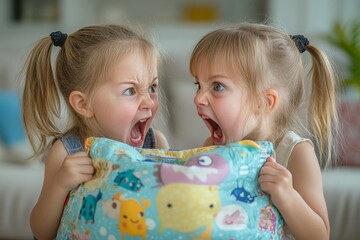 Two little mad angry girls sisters having fight at home. Friends girls can not share a toy. Lifestyle authentic funny family moment of siblings quarrel life. Kids bad, Generative AI
