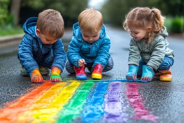 Fototapeta premium three little children, two school kids boys and toddler girl having fun with with rainbow picture drawing with colorful chalks on asphalt. Siblings in, Generative AI