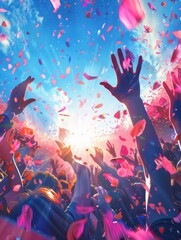outdoor concert, with the crowd in full swing and hands raised towards the sky.