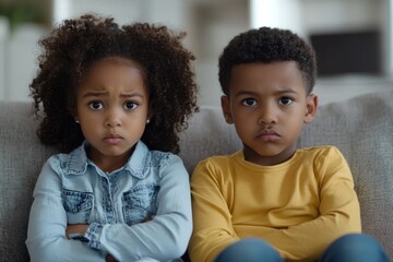 Obraz premium Angry stubborn african preschool girl sister and offended little boy brother ignoring each other sitting on couch feel jealous avoiding talk, 2 children conflict, siblings rivalry bad, Generative AI