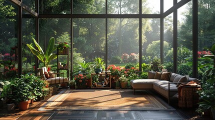 Sunlit Greenhouse with Lush Greenery