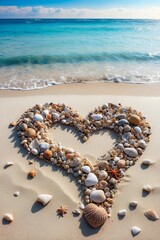 Heart Shape Made of Starfish, Shells, and Beautiful Stones on the Ocean Shore