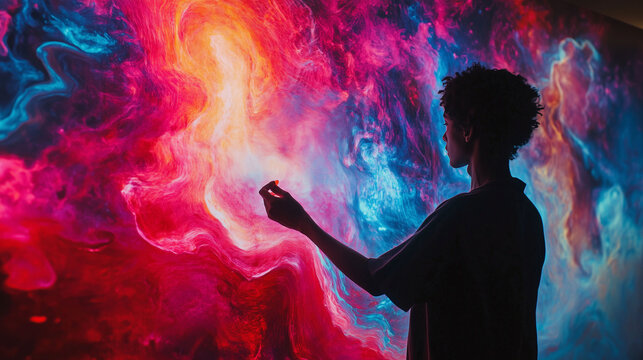 .Person interacting with vibrant digital art in neon colors