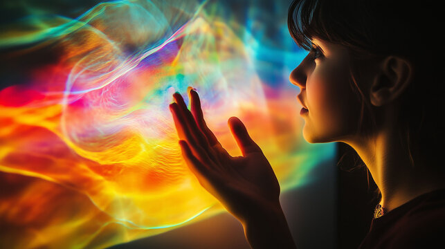 Woman interacting with vibrant, colorful light display