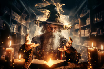 A Mystical Sorcerer is summoning Magical Energy while surrounded by ancient tomes in an enchanting and mysterious library ambiance