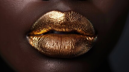 Close-up of shiny golden lips on dark skin, highlighting texture and shine. Captivating and luxurious beauty concept.