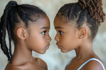 Obraz premium Younger and older sister in a state of emotional stress displeased with each other. Two black girls of different age arguing. Black female siblings having a fight. Background, copy space,Generative AI
