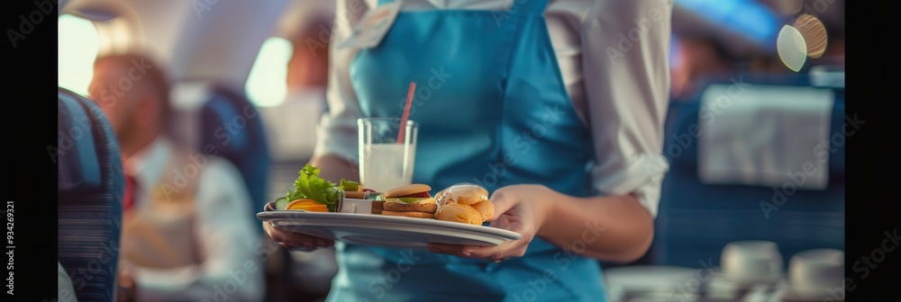 Poster a flight attendant serves a tray of food and beverages to passengers during a mid-flight service. ge