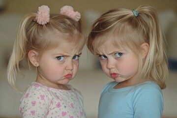 Two little mad angry girls sisters having fight at home. Friends girls can not share a toy. Lifestyle authentic funny family moment of siblings quarrel life. Kids bad, Generative AI