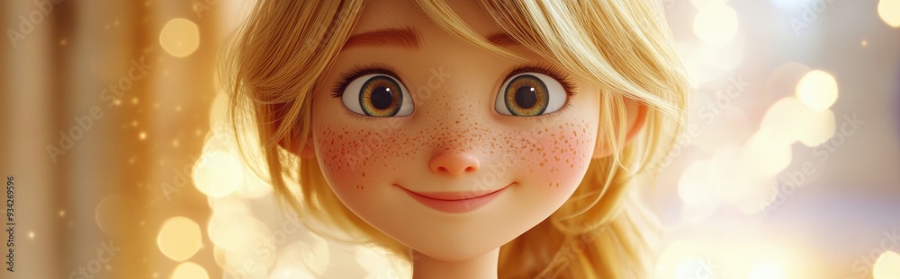 Wall mural cheerful 3d cartoon girl with blonde hair and adorable freckles