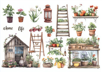 Set of  aquarel style Stickers with garden and home topic 