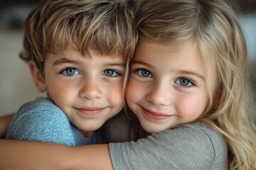 Happy young brother and sister hugging, Generative AI