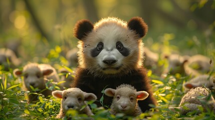 Obraz premium A Playful Panda Surrounded By Adorable Lambs In Lush Green Forest At Dusk