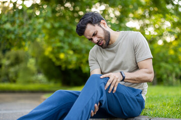 Man experiencing knee pain during outdoor workout in park setting depicting fitness challenge and...