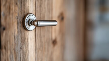 Obraz premium This image presents a close-up view of a sleek silver door handle affixed to a grained wooden door, emphasizing detail in design and craftsmanship.