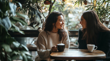 Two women sitting at a table with cups of coffee, smiling and laughing