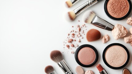 This image displays an assortment of makeup products, including powder compacts, blush, and brushes, all arranged on a white background, showcasing an organized beauty collection.