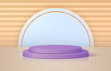 Purple geometric minimalistic podium on beige background. Stand for your products. Vector 3d illustration.