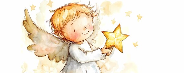 Fototapeta premium Whimsical Watercolor Illustration of a Cute Childlike Angel with White Wings Holding a Bright Star Surrounded by Floating Stars. Christmas Illustration. Holiday Banner