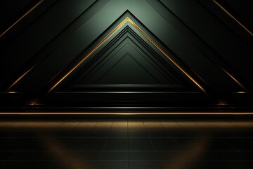 Black and gold geometric background with tiled floor.