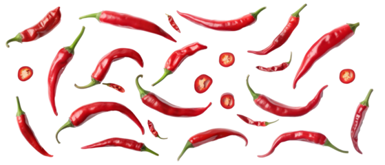 Set of isolated red hot peppers and pepper slices on transparent background. cut flower elements, garden themed designs. Top view high quality PNG." design elements, top view / flat lay.