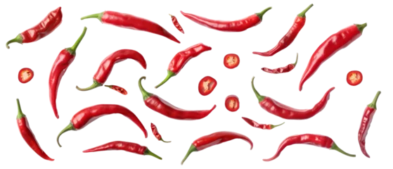 Set of isolated red hot peppers and pepper slices on transparent background. cut flower elements, garden themed designs. Top view high quality PNG." design elements, top view / flat lay.