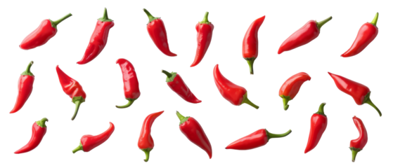 Set of isolated red hot mexican peppers on transparent background. cut flower elements, garden themed designs. Top view high quality PNG." design elements, top view / flat lay.