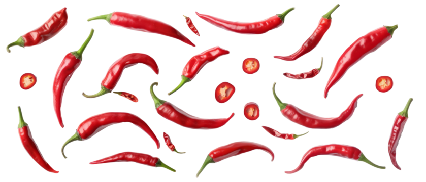 Set of isolated red hot peppers and pepper slices on transparent background. cut flower elements, garden themed designs. Top view high quality PNG." design elements, top view / flat lay. - Powered by Adobe