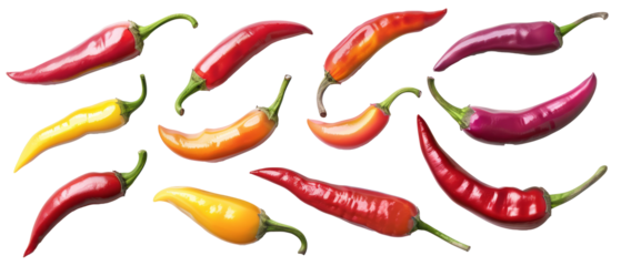 Set of isolated red, yellow, orange pointed pepper set on transparent background. cut flower elements, garden themed designs. Top view high quality PNG." design elements, top view / flat lay.