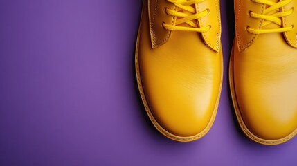 A pair of vibrant yellow shoes displayed on a striking purple background, photographed from a top-down perspective; ideal for showcasing fashion and vibrant color contrast.