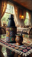 Traditional Chimarrao setup with decorated thermos and gourd, cozy indoor setting