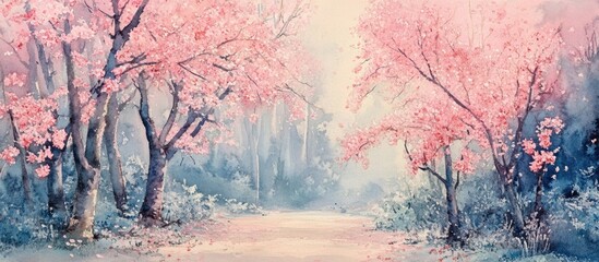 Watercolor depiction of cherry blossom backdrop