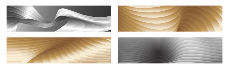 Wavy silver and gold parallel gradient lines, ribbons, silk. Set of 4 backgrounds. Black and white with shades of gray or golden silk. Banner, poster. eps vector